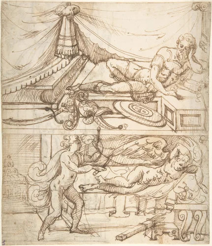 Two scenes; a reclining warrior above, sleeping cupid below (recto); grotesque niche with standing warrior (verso) by Andrés de Melgar, drawing, 1500-1599