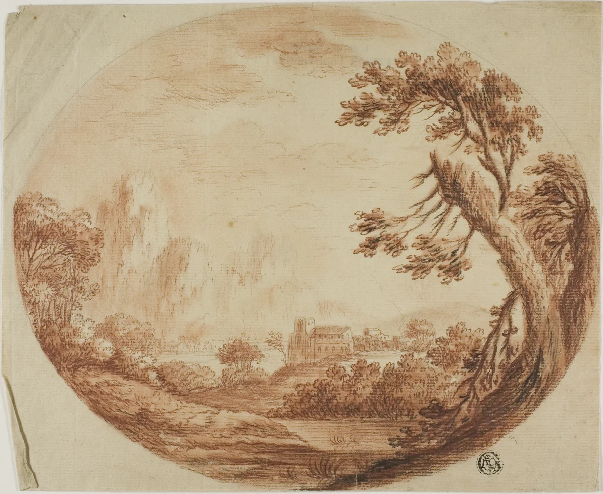 River Landscape with Mountains in Distance, Large Tree in Foreground by Israel Silvestre, drawing, 1600-1699