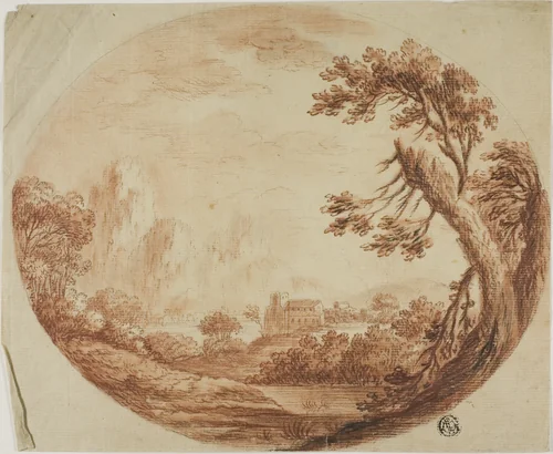 River Landscape with Mountains in Distance, Large Tree in Foreground by Israel Silvestre, drawing, 1600-1699