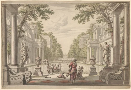 View of a Palace Garden with a Central Pond Surrounded by Classical Architecture (Tapestry or Stage Design?) by Daniel Marot, drawing, 1700-1720