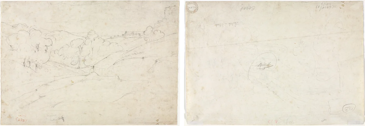 View of Marino (recto); Sketch for a Landscape (verso) by Jean-Baptiste-Camille Corot, drawing, 1827