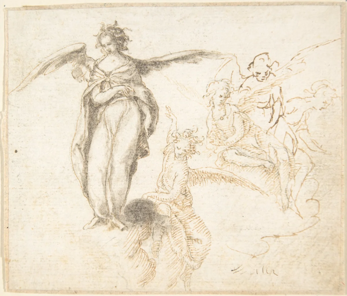 Studies for Five Figures of Angels Standing, and Seated on Clouds by anonymous, drawing, 1600-1700