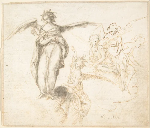 Studies for Five Figures of Angels Standing, and Seated on Clouds by anonymous, drawing, 1600-1700
