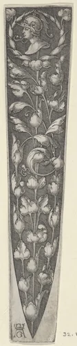 Dagger Sheath with Profile of a Soldier Supported by Tendrils by Heinrich Aldegrever, print, 1535