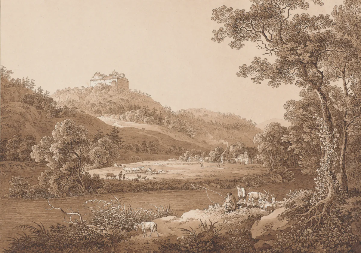 Augustusburg Castle Seen from the River by Adrian Zingg, print, 1790-1799