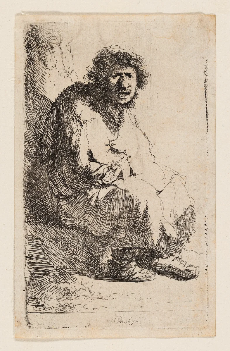 Beggar Seated on a Bank by Rembrandt van Rijn, print, 1630