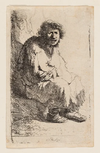 Beggar Seated on a Bank by Rembrandt van Rijn, print, 1630