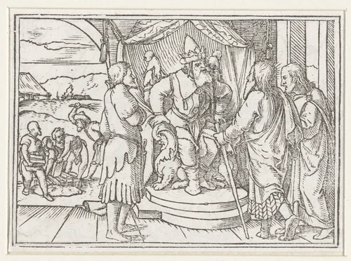 Mozes en Aäron in discussie met Farao over Israëlieten by Hans Holbein, print, 1538