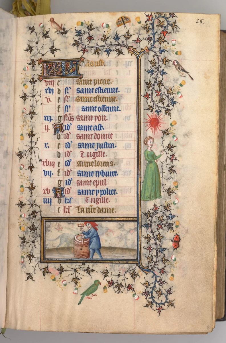 Hours of Charles the Noble, King of Navarre (1361-1425): fol. 8r, August by Master of the Brussels Initials and Associates, book, 1400-1410