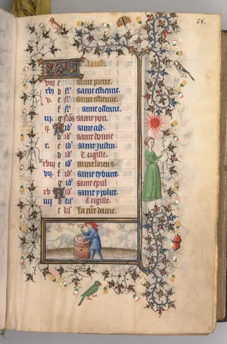 Hours of Charles the Noble, King of Navarre (1361-1425): fol. 8r, August by Master of the Brussels Initials and Associates, book, 1400-1410