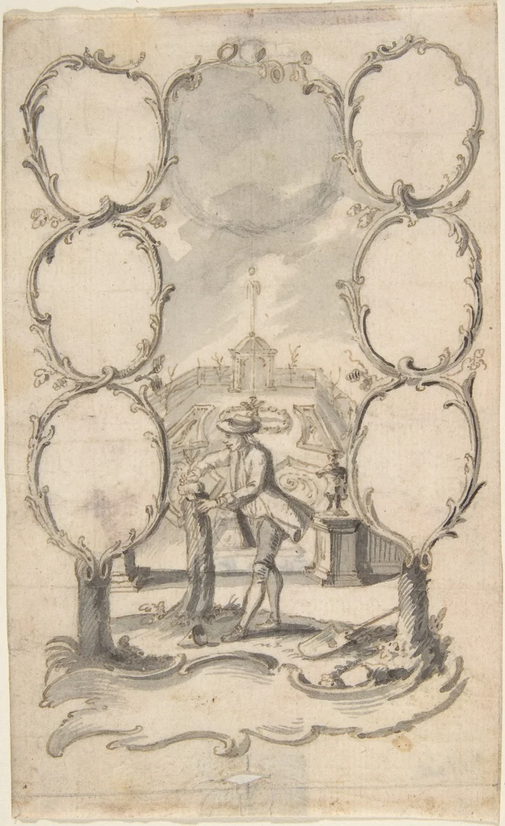 Ornamental family tree with man planting a tree and garden beyond by anonymous, drawing, 1700-1800