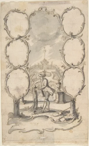 Ornamental family tree with man planting a tree and garden beyond by anonymous, drawing, 1700-1800