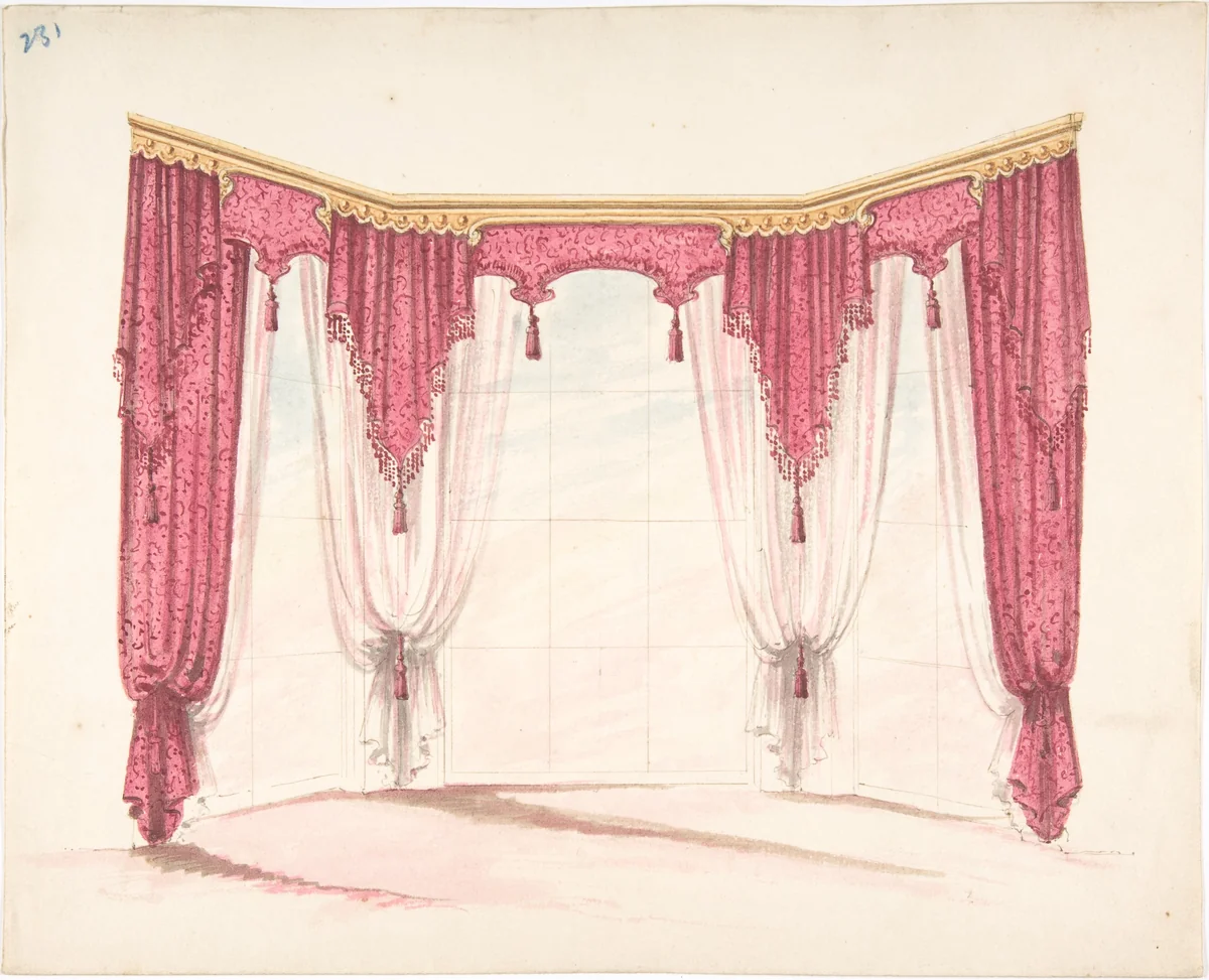 Design for Red Curtains with Red Fringes and a Gold Pediment by anonymous, drawing, 1800-1850