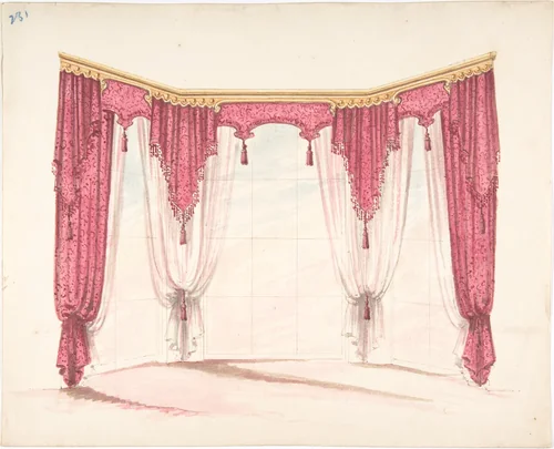 Design for Red Curtains with Red Fringes and a Gold Pediment by anonymous, drawing, 1800-1850