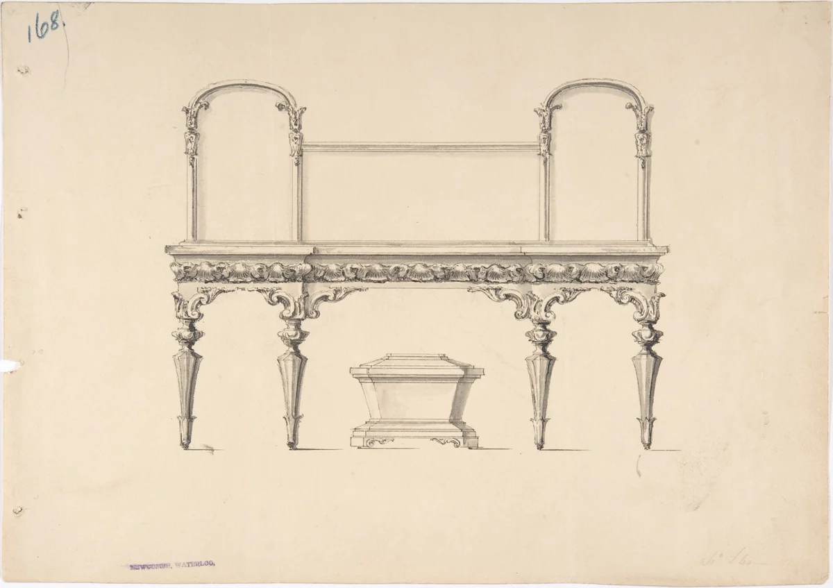 Design for a Sideboard with Mirrors and Shell Ornament, a Casket Below by anonymous, drawing, 1815-1840