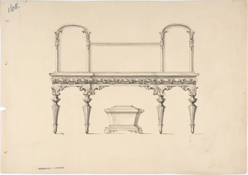 Design for a Sideboard with Mirrors and Shell Ornament, a Casket Below by anonymous, drawing, 1815-1840