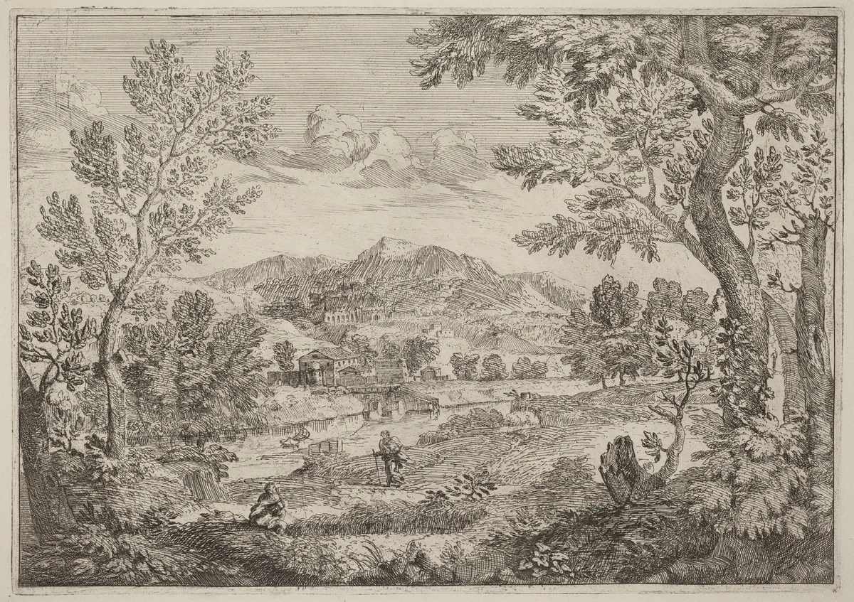 Houses Beside a Mountain by Crescenzio Onofri, print, 1696
