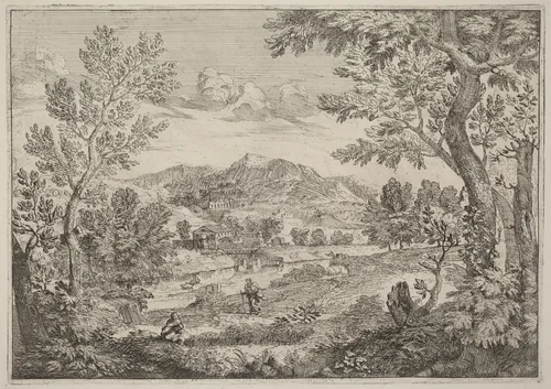 Houses Beside a Mountain by Crescenzio Onofri, print, 1696