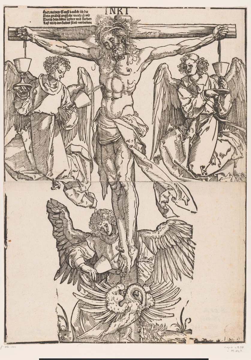 Bloed van Christus aan het kruis wordt opgevangen in bekers door drie engelen by anonymous, print, 1513-1550