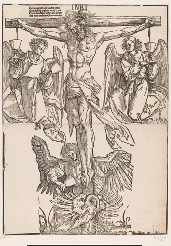 Bloed van Christus aan het kruis wordt opgevangen in bekers door drie engelen by anonymous, print, 1513-1550