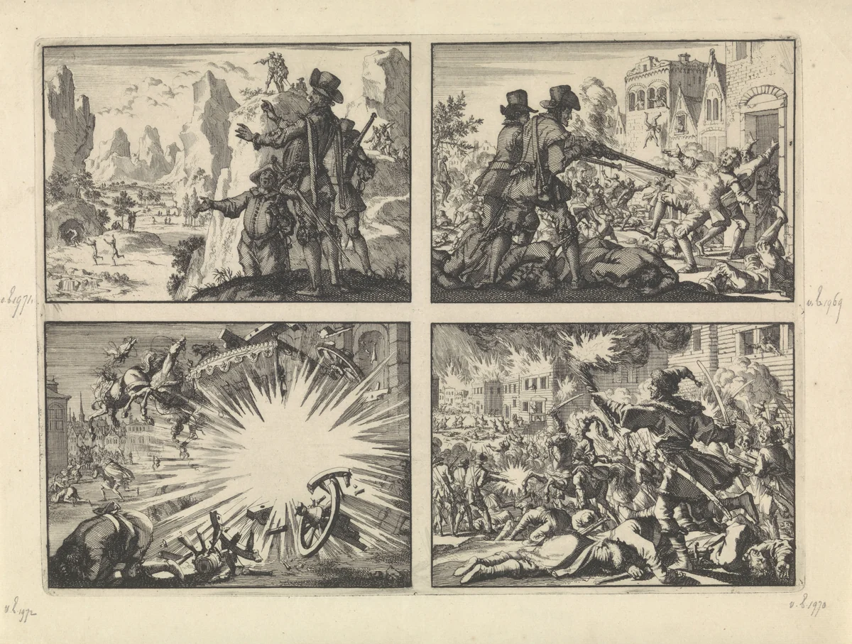 Gewapende Spanjaarden kijken vanaf rotsen neer op geheel wild levende mensen, ca. 1600 / Moord op hervormden te Tirano, 1620 / Rijtuig en de paarden van koning Lodewijk XIII door ontploffing van een helse machine vernield, ca. 1625 / Strijd der Russen en Polakken in Moskou, waarbij de stad grotendeels in de as wordt gelegd, 1611 by Jan Luyken, print, 1698