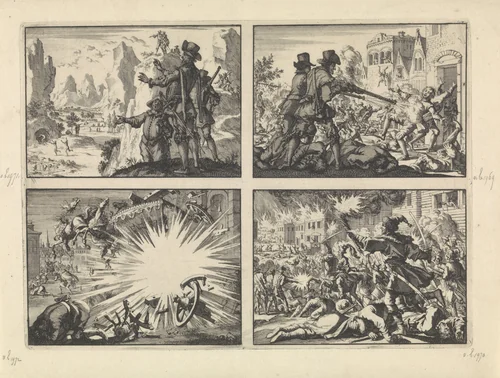 Gewapende Spanjaarden kijken vanaf rotsen neer op geheel wild levende mensen, ca. 1600 / Moord op hervormden te Tirano, 1620 / Rijtuig en de paarden van koning Lodewijk XIII door ontploffing van een helse machine vernield, ca. 1625 / Strijd der Russen en Polakken in Moskou, waarbij de stad grotendeels in de as wordt gelegd, 1611 by Jan Luyken, print, 1698