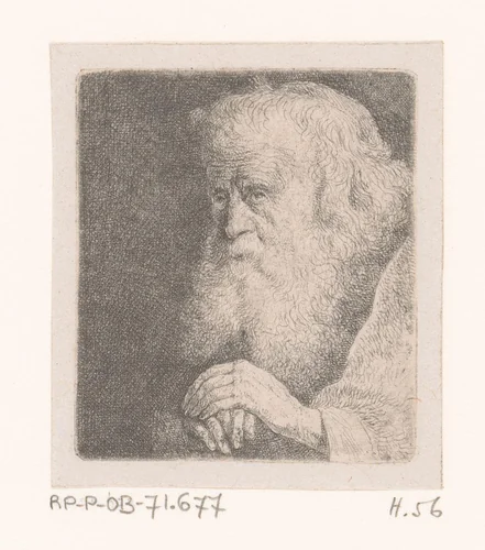 Kop van oude man met witte baard en gevouwen handen by Jean Pierre Norblin de la Gourdaine, print, 1774-1789