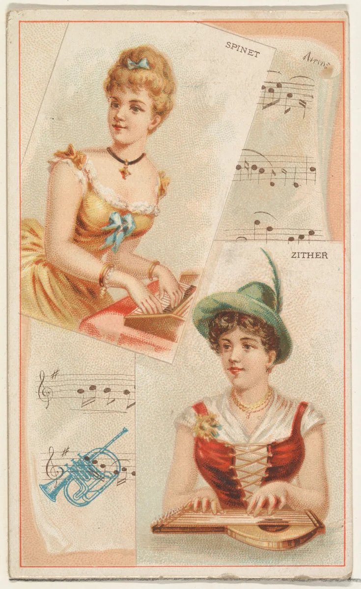 Spinet and Zither, from the Musical Instruments series (N121) issued by Duke Sons & Co. to promote Honest Long Cut Tobacco by W. Duke, Sons & Co., print, 1888