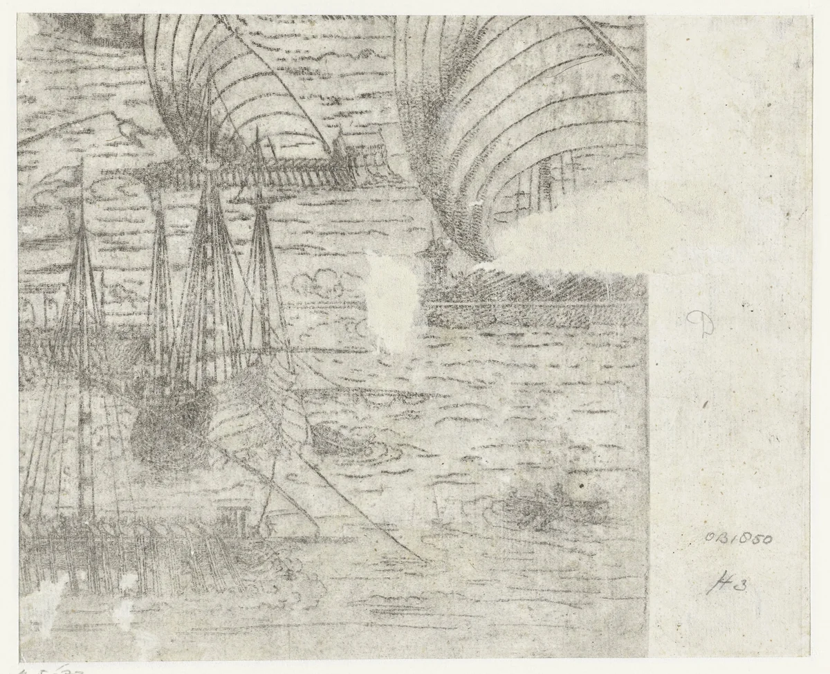 Fragment van voorstelling met enkele galeien en boten op zee by anonymous, print, 1509-1510