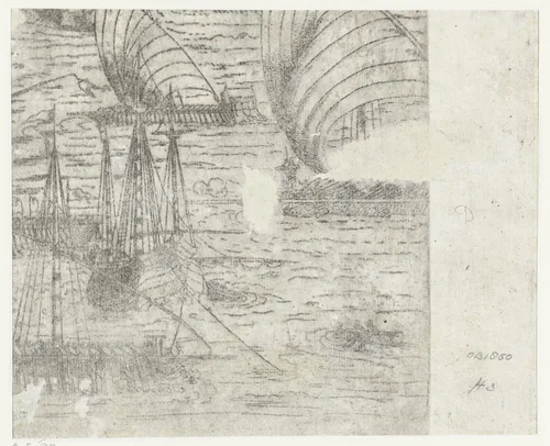 Fragment van voorstelling met enkele galeien en boten op zee by anonymous, print, 1509-1510
