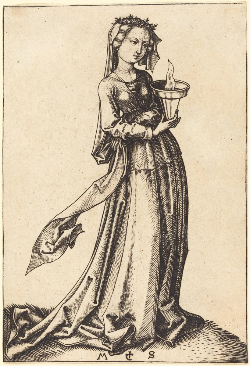 Fourth Wise Virgin by Martin Schongauer, print, 1490