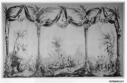 The Swing, The Harvest, and Cherry Picking from a set of the Pastorals with Blue Draperies by Jean Baptiste Huet, textile, 1775-1795