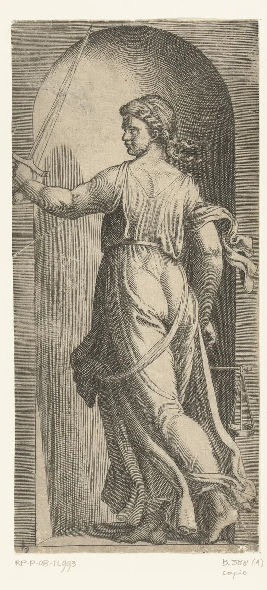 Vrouw als personificatie van Rechtvaardigheid (Justitia) met weegschaal en zwaard staand in nis by anonymous, print, 1510-1575