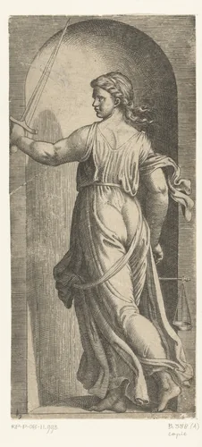 Vrouw als personificatie van Rechtvaardigheid (Justitia) met weegschaal en zwaard staand in nis by anonymous, print, 1510-1575