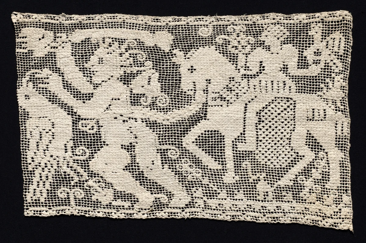 Fragment of a Band with Male Figure Leading Mounted Female Figure with Falcon by Unknown, textile, 1500-1699