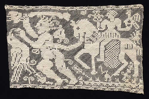Fragment of a Band with Male Figure Leading Mounted Female Figure with Falcon by Unknown, textile, 1500-1699