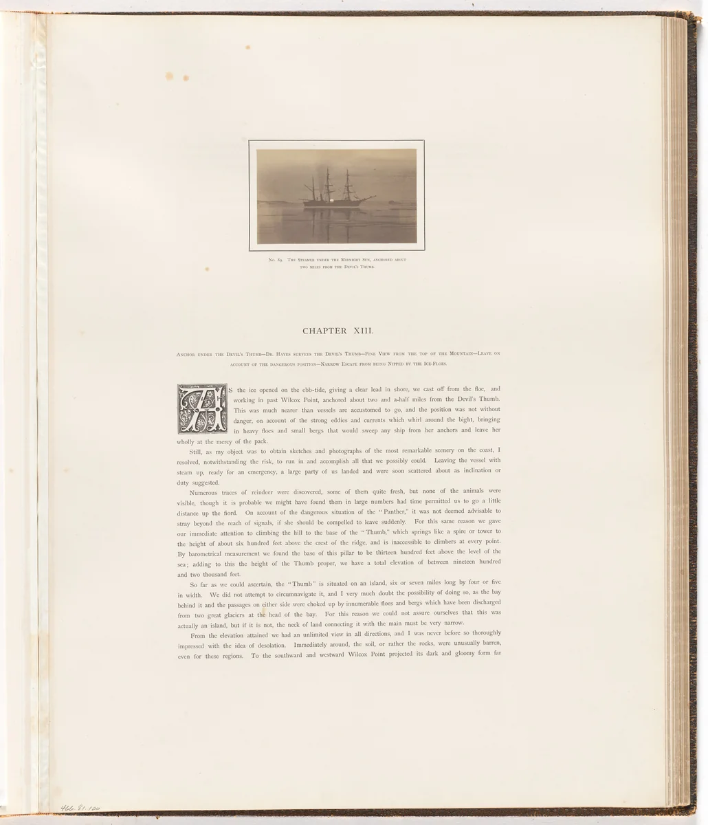 "The Steamer under the midnight sun, anchored about two miles from the Devil's Thumb." by George P. Critcherson, John L. Dunmore, William Bradford, photograph, 1869