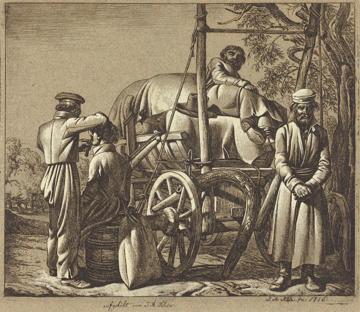 Russian Soldiers with a Barber by Johann Adam Klein, print, 1816
