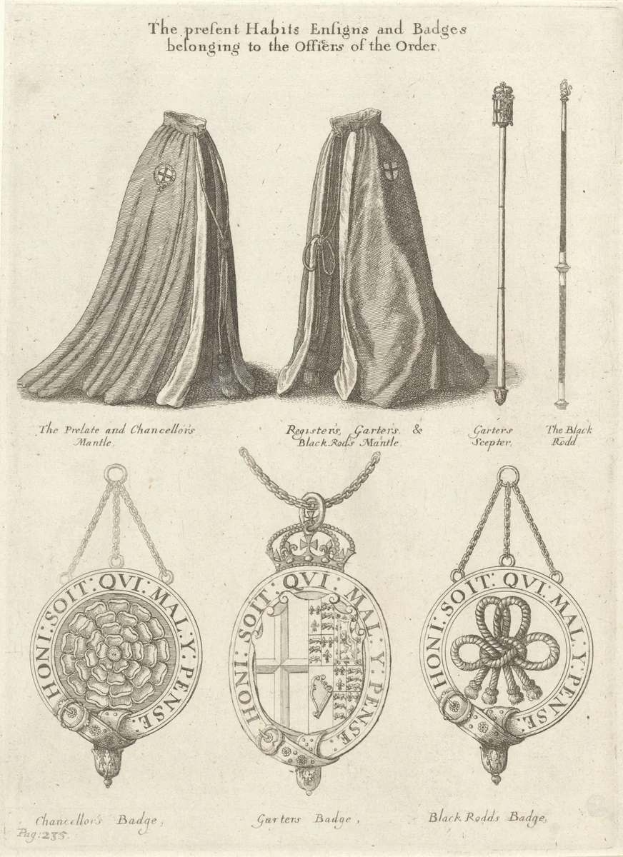 Mantels, scepters en insignes behorende bij de Orde van de Kousenband by Wenceslaus Hollar, print, 1672