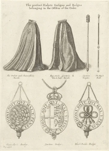 Mantels, scepters en insignes behorende bij de Orde van de Kousenband by Wenceslaus Hollar, print, 1672