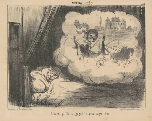 Rêvant qu'elle a gagné le gros lingot d'or. by Honoré Daumier, print, 1851