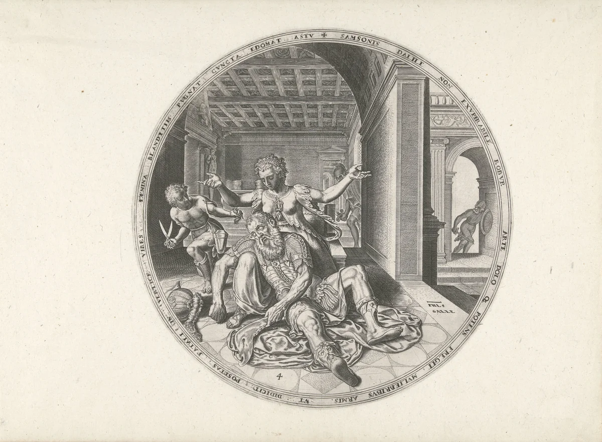 Delila knipt Simsons haar by Unknown, print, 1569