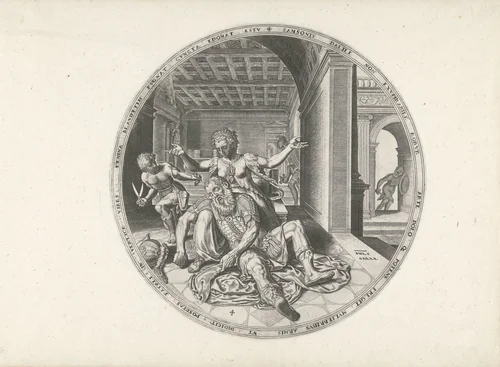 Delila knipt Simsons haar by Unknown, print, 1569