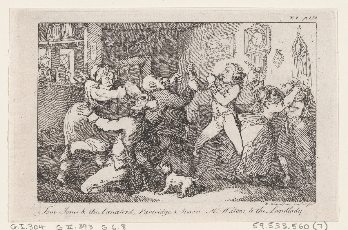 Tom Jones & the Landlord, Partridge & Susan, Mrs Waters & the Landlady, from "The History of Tom Jones, a Foundling" by Thomas Rowlandson, print, 1792