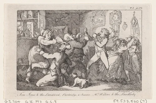 Tom Jones & the Landlord, Partridge & Susan, Mrs Waters & the Landlady, from "The History of Tom Jones, a Foundling" by Thomas Rowlandson, print, 1792