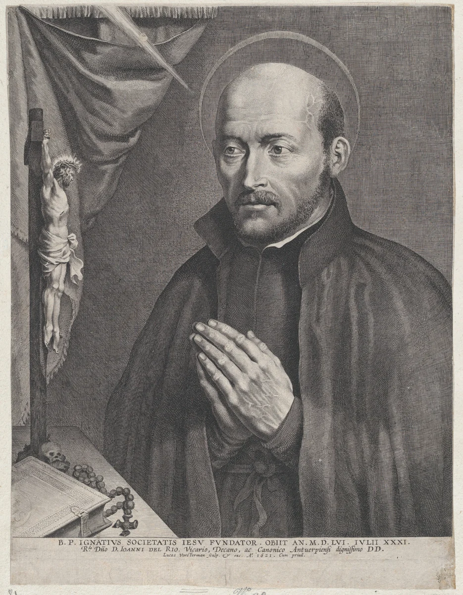 Saint Ignatius of Loyola, praying towards the left with a crucifix, a rosary, a book, and a skull on the table in front of him by Lucas Vorsterman, print, 1621