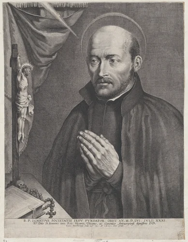Saint Ignatius of Loyola, praying towards the left with a crucifix, a rosary, a book, and a skull on the table in front of him by Lucas Vorsterman, print, 1621