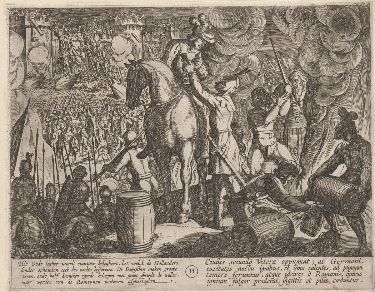 Aanval 's nachts op een Romeins fort by Antonio Tempesta, print, 1611-1612
