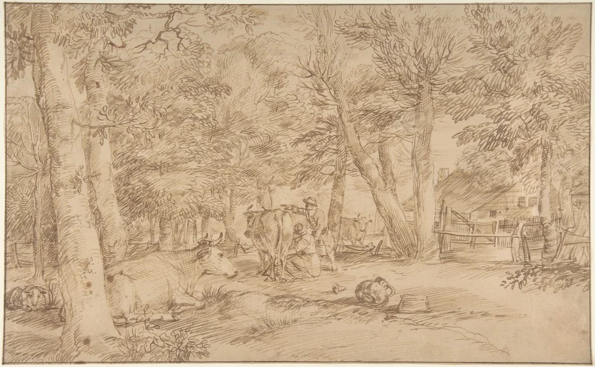Landscape with Milkmaid by Jan Lievens, drawing, 1622-1674