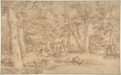 Landscape with Milkmaid by Jan Lievens, drawing, 1622-1674